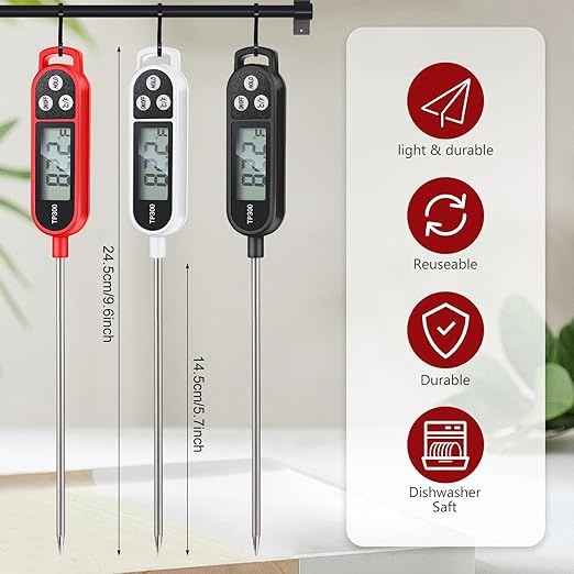 Copkim 12 Pcs Instant Read Meat Thermometer with Long Probe 9.65 Inch Kitchen Cooking Food Candy Waterproof Digital Thermometer for BBQ Water Milk Yogurt Liquid Cooking (Black,White,Red)