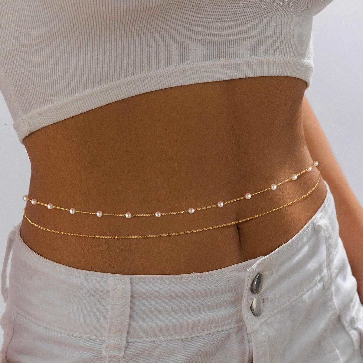 Sargetou Gold Waist Chain for Women Waterproof,14k Gold Plated Satellite Beaded Pearl Body Jewelry Chains Sexy Bikini 2PCS Belly Belt Beach Gift Adjustable 26.5-33Inch