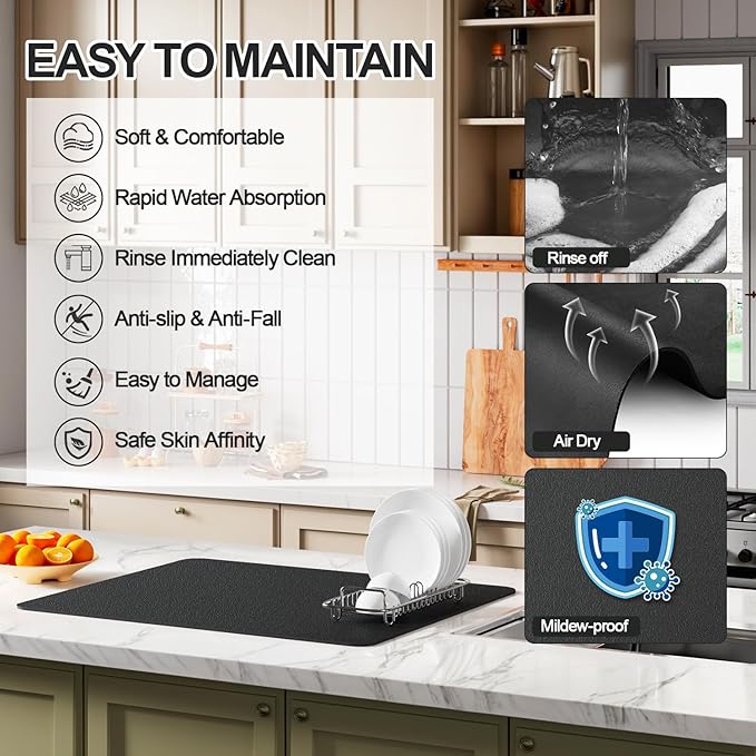 Ecotrim - Dish Drying Mat for Kitchen Counter | Coffee Bar Mat for Countertops | Heat Resistant Drainer Mat with Non-slip Rubber Backed | Hide Stain Kitchen Absorbent Draining Mat | Black 16"x24"