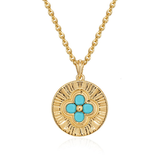 LOLAR RAY Clover Medallion Necklace 14K Gold Plated Turquoise Pendant with Radiant Pattern Adjustable Chain Elegant Gift for Women