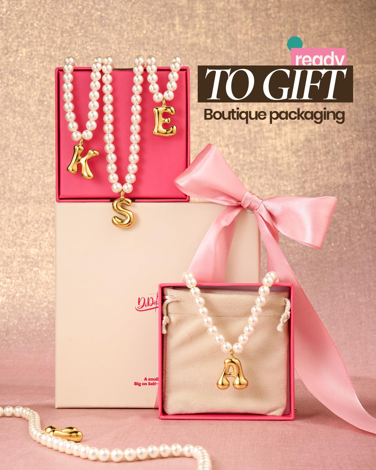 DoDoBeads Pearl Initial Necklace, 18K Gold Plated Stainless Steel Balloon Letter Pendant T, Non-Tarnish Waterproof Chunky Monogram Jewelry Gifts for Women Teens