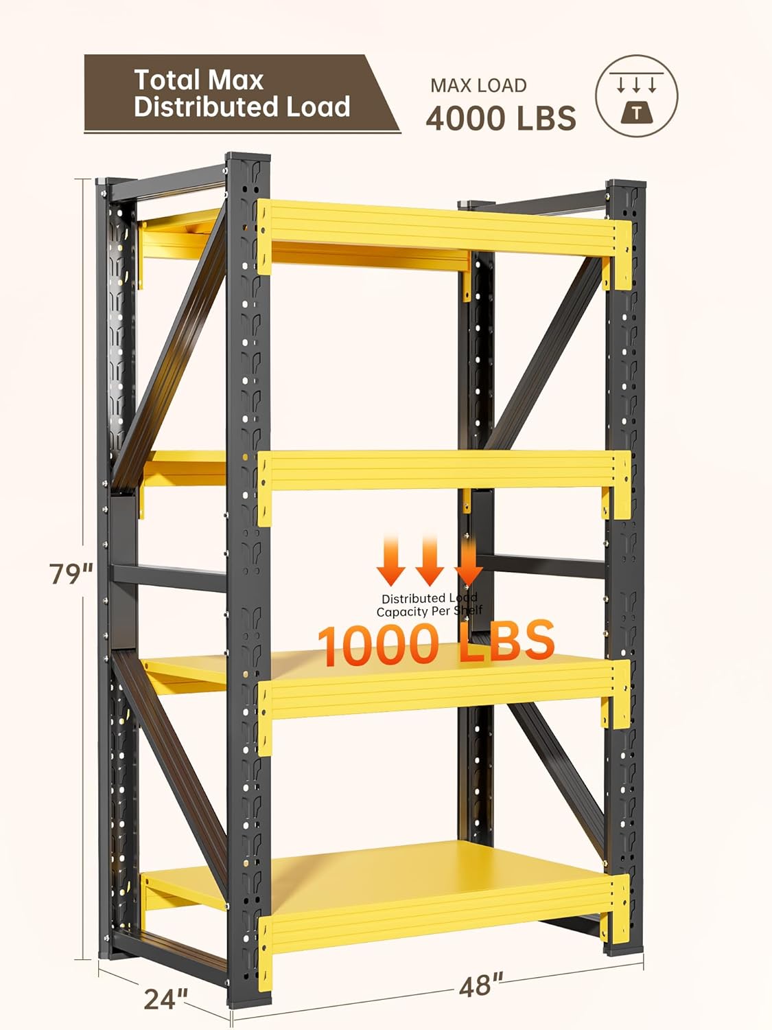 4-Tier Storage Shelves,79" H Heavy-Duty Garage Shelving Unit,Adjustable Industrial Metal Shelf System,4,000lbs Capacity,Tool Organizer for Garage,Workshop,48" W*24" D*79" H,Black&Yellow