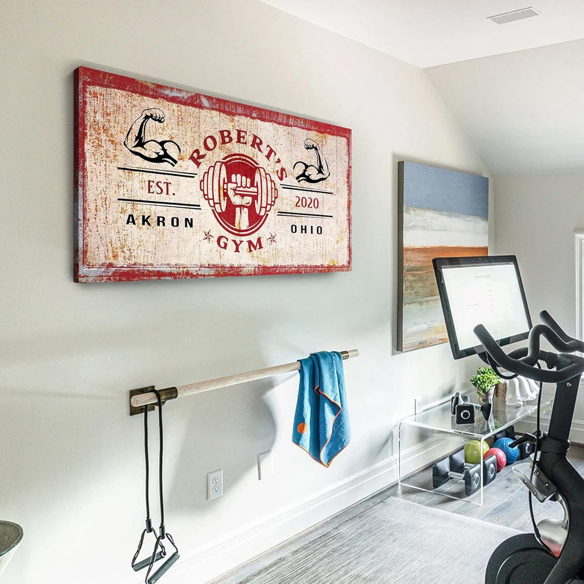 Tailored Canvases Personalized Gym Sign Wall Art Decor - Motivational Canvas for Home Gym, Workout Room, Garage, Fitness Center - Workout Inspirational Posters - One Hand Dumbbell on Rustic Red, 36x12in