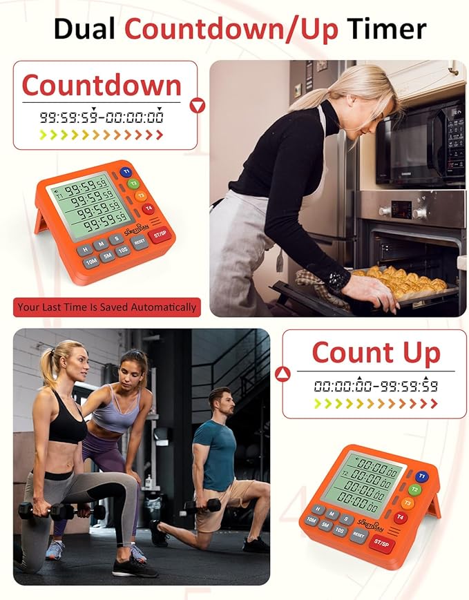 Digital Kitchen Timer for Cooking - 4 Channel Count Up Countdown Timer with Loud Alarm and Silent Mode, Large Display, Magnetic Back, Auto Memory for Classroom Study Gym, Battery Included (Orange)