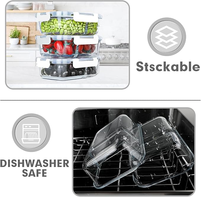 VERONES 10 Pack Glass Meal Prep Containers 2 Compartment Set, 30 OZ Airtight Glass Lunch Containers, Food Storage Containers with Lids, for Microwave, Oven, Freezer & Dishwasher Friendly，White