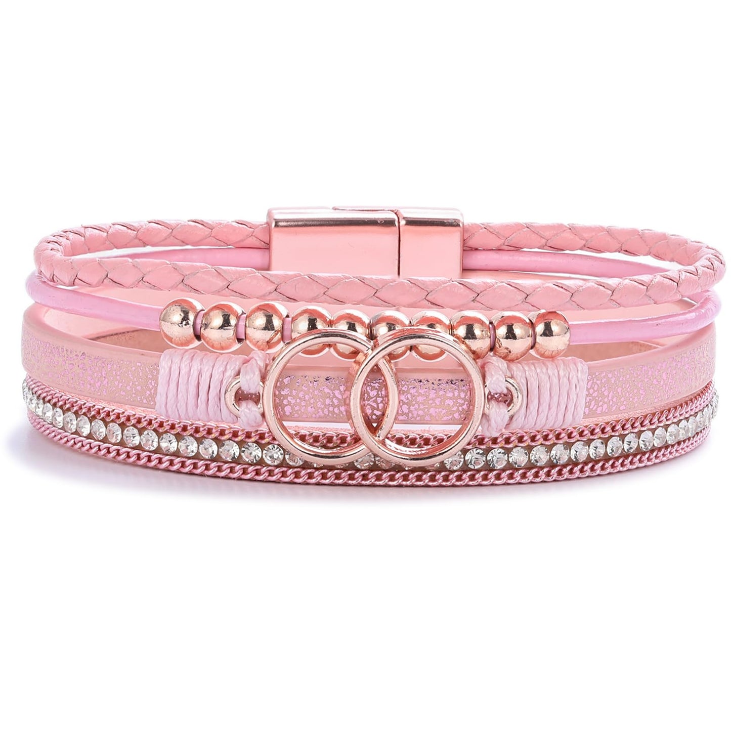 FANCY SHINY Boho Leather Wrap Bracelet Stackable Beaded Infinity Chunky Cuff Bracelets with Magnetic Clasp Western Hippie Outfits Jewelry Gifts for Women(Pink)