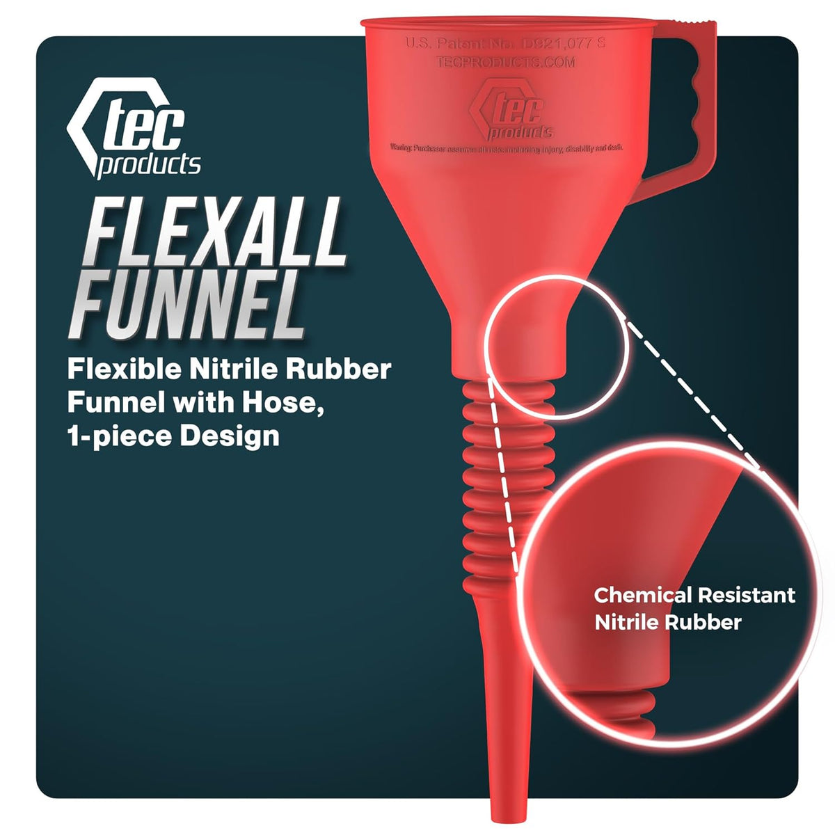 FlexAll Long Flexible Funnel for Automotive Use - Durable Nitrile Rubber - Ideal for Car Oil Change, Transmission Funnel Fluid, Diesel, Fuel, Gas - Made in USA - Red (16 x 5 Inches)