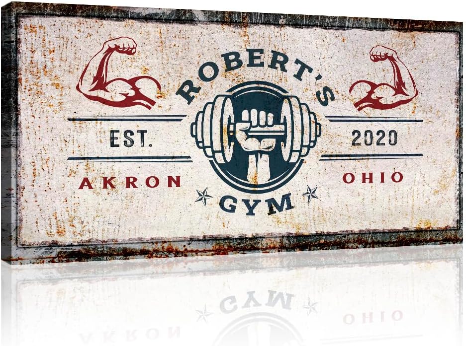 Tailored Canvases Personalized Gym Sign Wall Art Decor - Motivational Canvas for Home Gym, Workout Room, Garage, Fitness Center - Workout Inspirational Posters - One Hand with Dumbbell on Rustic, 48x24in