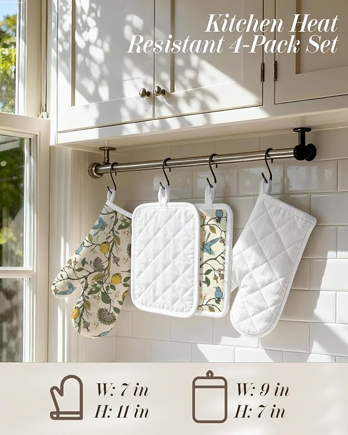 Miss Adola Cotton Oven Mitts and Pot Holders Sets - Quilted Lining Heat Resistant 4 Pieces Set with Hanging Loop Cute Farmhouse Boho Spring Kitchen Decor and Accessories, Lemon Bird