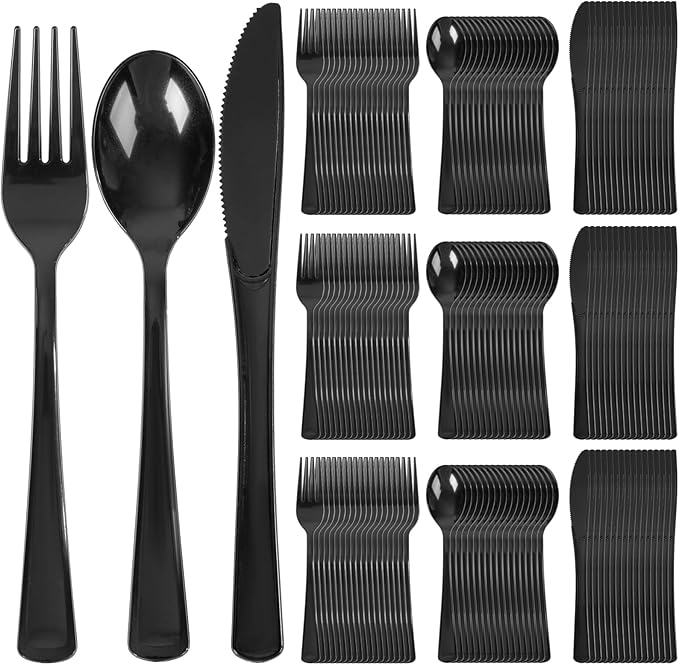 Supernal 300 Pieces Black Plastic Silverware Disposable Cutlery Black Disposable Silverware Heavy Duty Plastic Cutlery Set 100 Forks 100 Knives 100 Spoons for Wedding Party Supplies Everyday Use