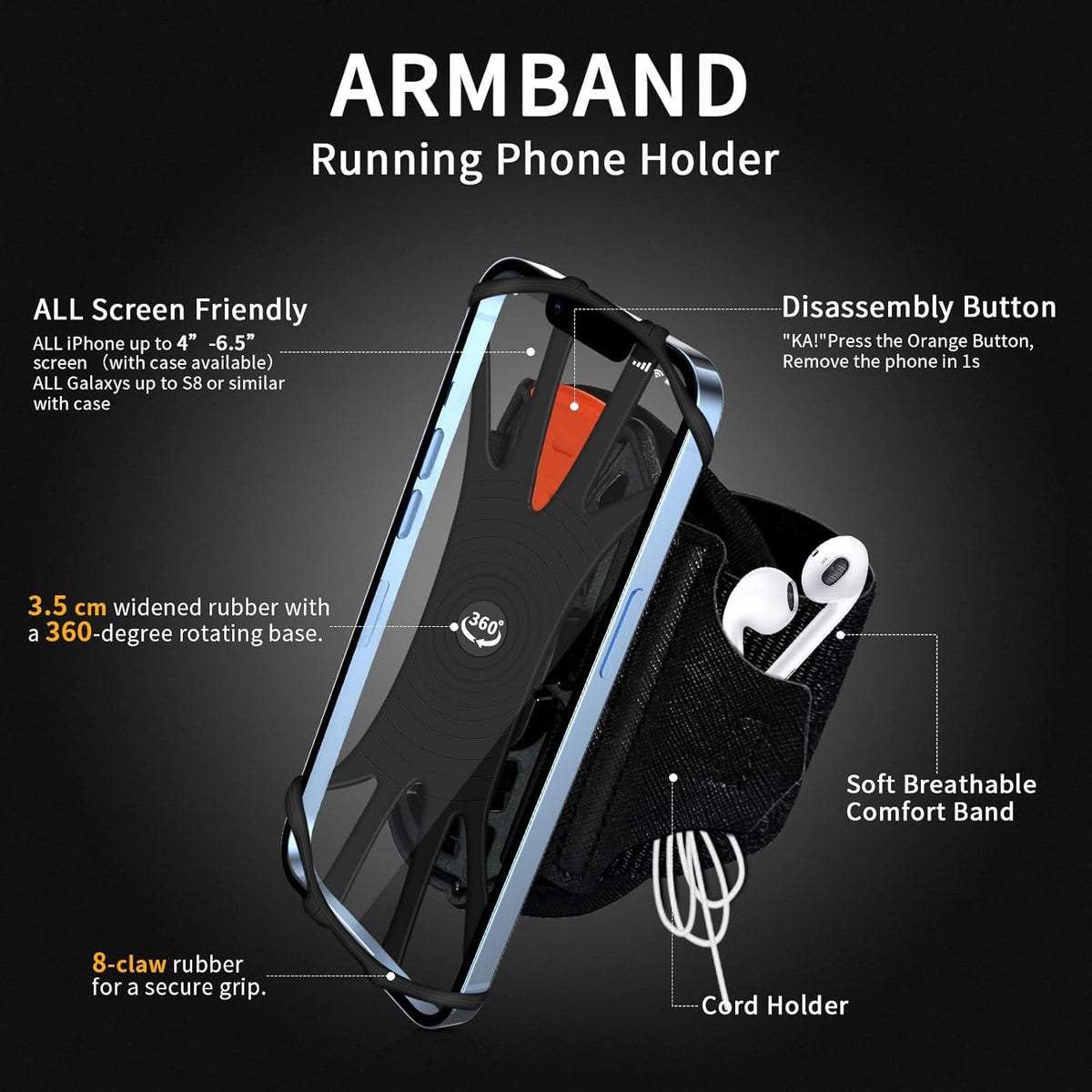 Armband Phone Holder 360° Rotation & Detachable, Compatible with iPhone 15/14/13/12/Pro/Pro ect., for Samsung, and More Fits 4''-6.5'' Phones Ideal for Walking Running