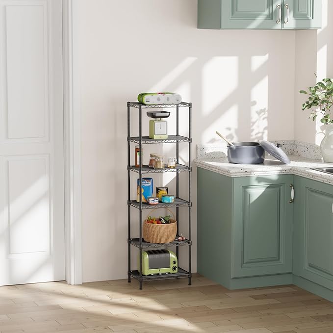 SINGAYE 6 Shelves Bathroom Organizers and Storage Shelf Wire Closet Metal Pantry Kitchen Small Garage Shelving Unit Laundry Room Organization Home Tall Rack Balck 10" D x 16" W x 60”H