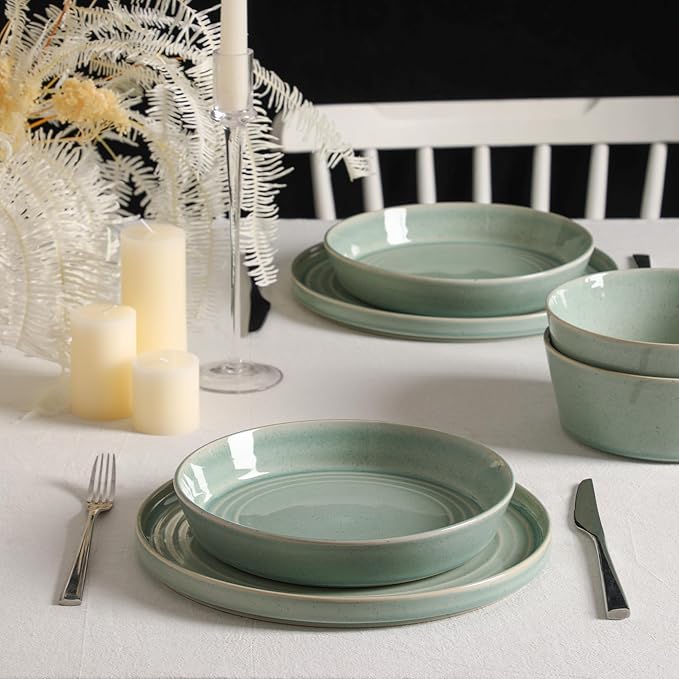 Stone Lain Claire 24-Piece Dinnerware Set Stoneware, Plates and Bowls Set, Dishwasher and Microwave Safe, Dish Set for 8, Green