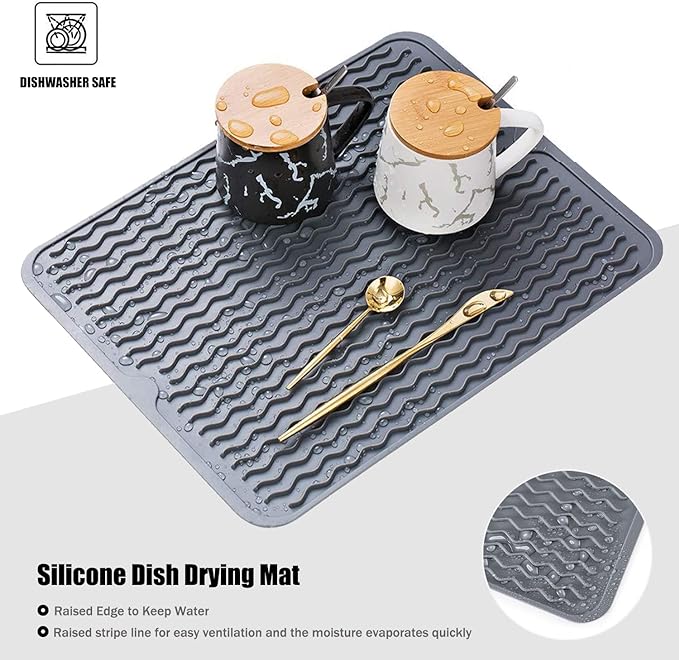 Large 14" x 11" Silicone Dish Drying Mat for Kitchen Counter, Easy clean, Quick Dry, Heat-resistant Dish Drainer Mat for Sink,Refrigerator or Drawer liner (Food Grade Silicone-Grey)
