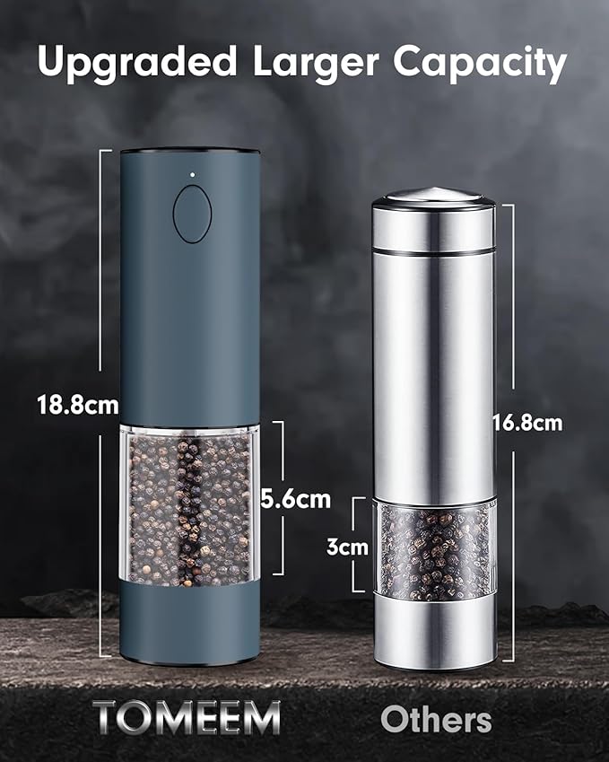 TOMEEM Upgraded Larger Capacity Electric Salt and Pepper Grinder Set Rechargeable with LED lights, Stainless Steel Automatic Pepper and Salt Grinder Refillable with 5 Adjustable Coarseness Blue