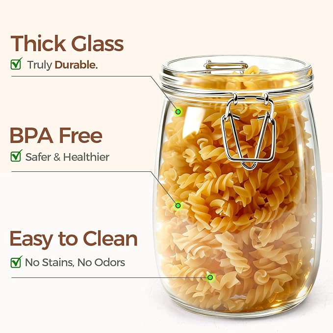ComSaf Airtight Glass Canister Set of 3 with Lids 34oz Food Storage Jar Round - Storage Container with Clear Preserving Seal Wire Clip Fastening for Kitchen Canning Cereal,Pasta,Sugar,Beans,Spice