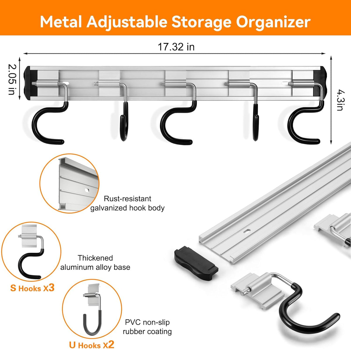 69'' Aluminum Alloy Garage Tool Organizer Hooks,Broom Holder Wall Mount, Adjustable Garden Wall Mount Holder for Hanging Shovel Broom Rake Bulk Items and More