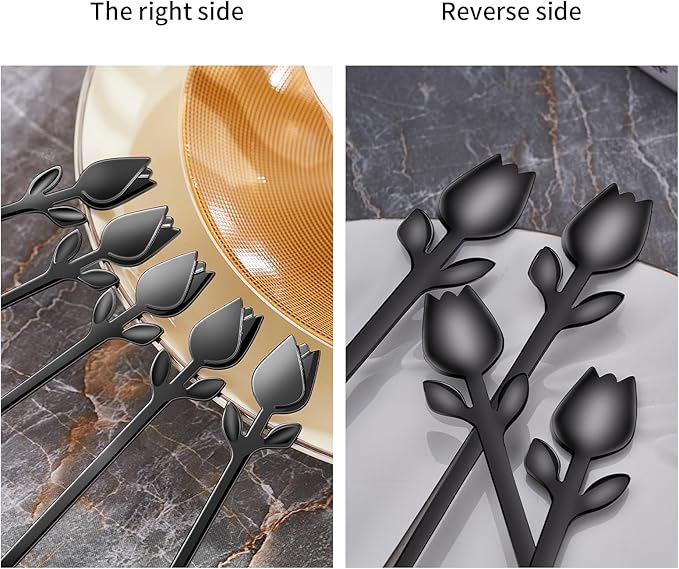 Black Tulip/Rose Handle 12-Pcs Mini Coffee Spoons Set - 6" Stainless Steel for Espresso, Tea, Dessert - Ideal for Demitasse & Small Servings