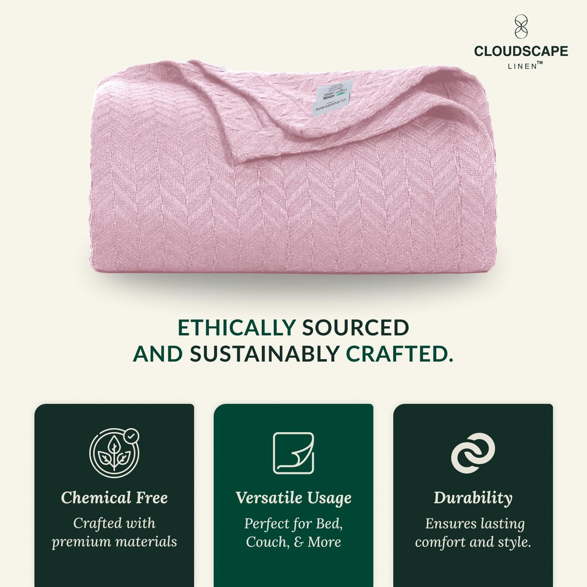Cloud Scape Linen 100% Cotton Queen Size Blanket, Herringbone Pattern, Lightweight Summer Blanket,Best Gifts for Women, fits Full Size Bed, 92 x 92, Seashell Pink