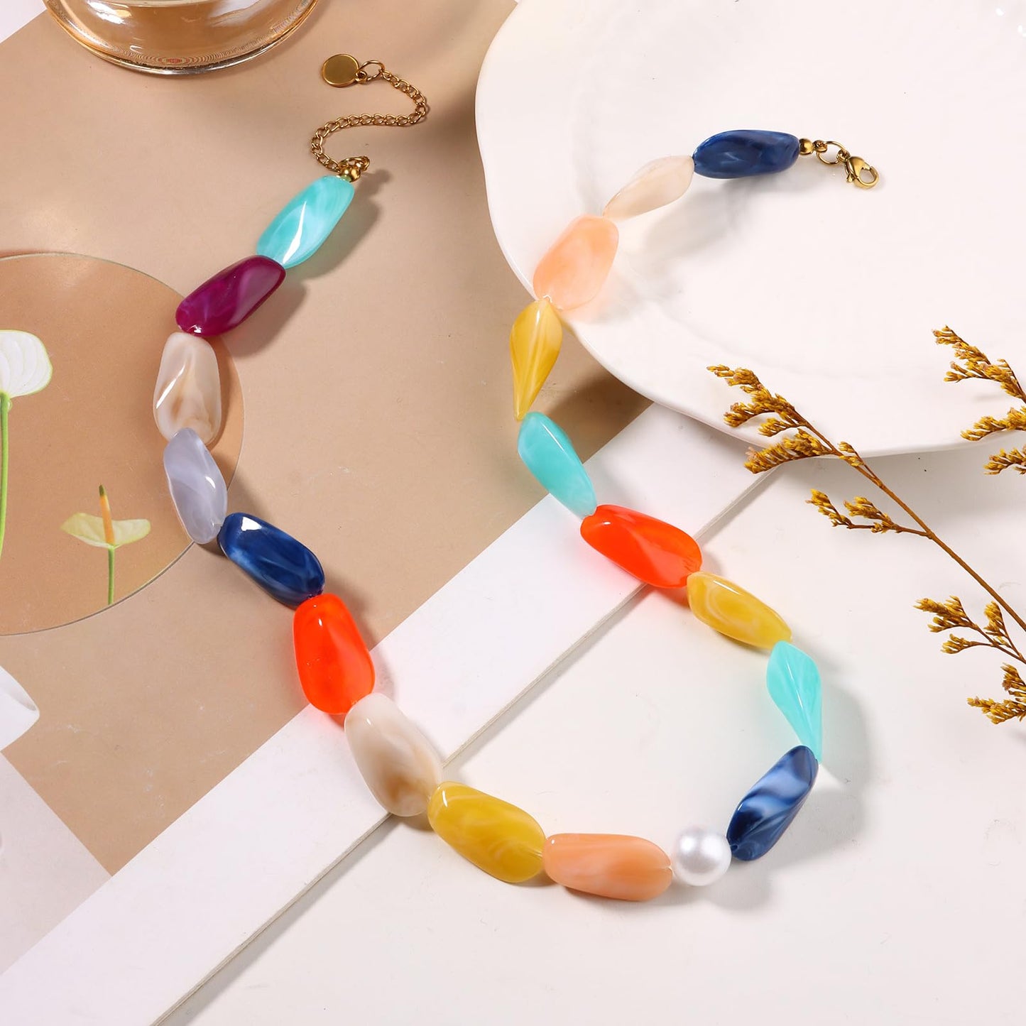 joymiao Chunky Beaded Necklaces for Women Colorful Big Gemstone Rainbow Chunky Necklace Handmade Summer Beach Jewelry