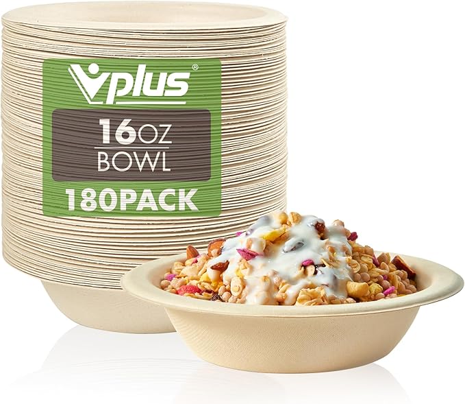 Vplus 180 Pack 16 OZ Paper Bowls, Disposable Compostable Bulk, Eco-friendly Bagasse, Heavy-duty Bowls Perfect for Milk Cereals, Snacks, Salads