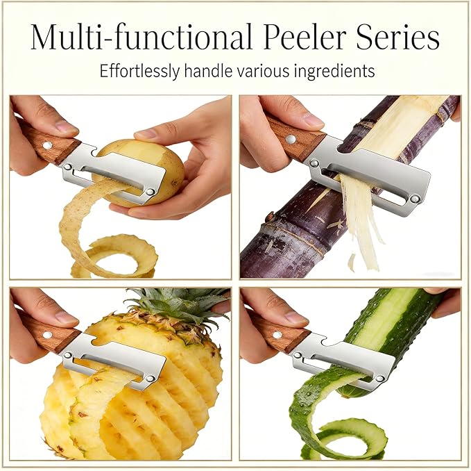 3Pcs Multifunctional Vegetable Peeler, 2-in-1 Multifunctional Vegetable Peeler with Wooden Handle & Stainless Steel Blade, Built-in Bottle Opener, Fruit & Vegetable Kitchen Peeling Tool