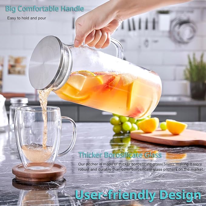 Bivvclaz 3 Pack 2 Liter 68 oz 2.1 Qt Glass Pitcher with Lid and Handle, Water Pitcher for Fridge, Glass Carafe for Hot/Cold Water, Large Iced Tea Jug for Coffee, Juice and Homemade Beverage