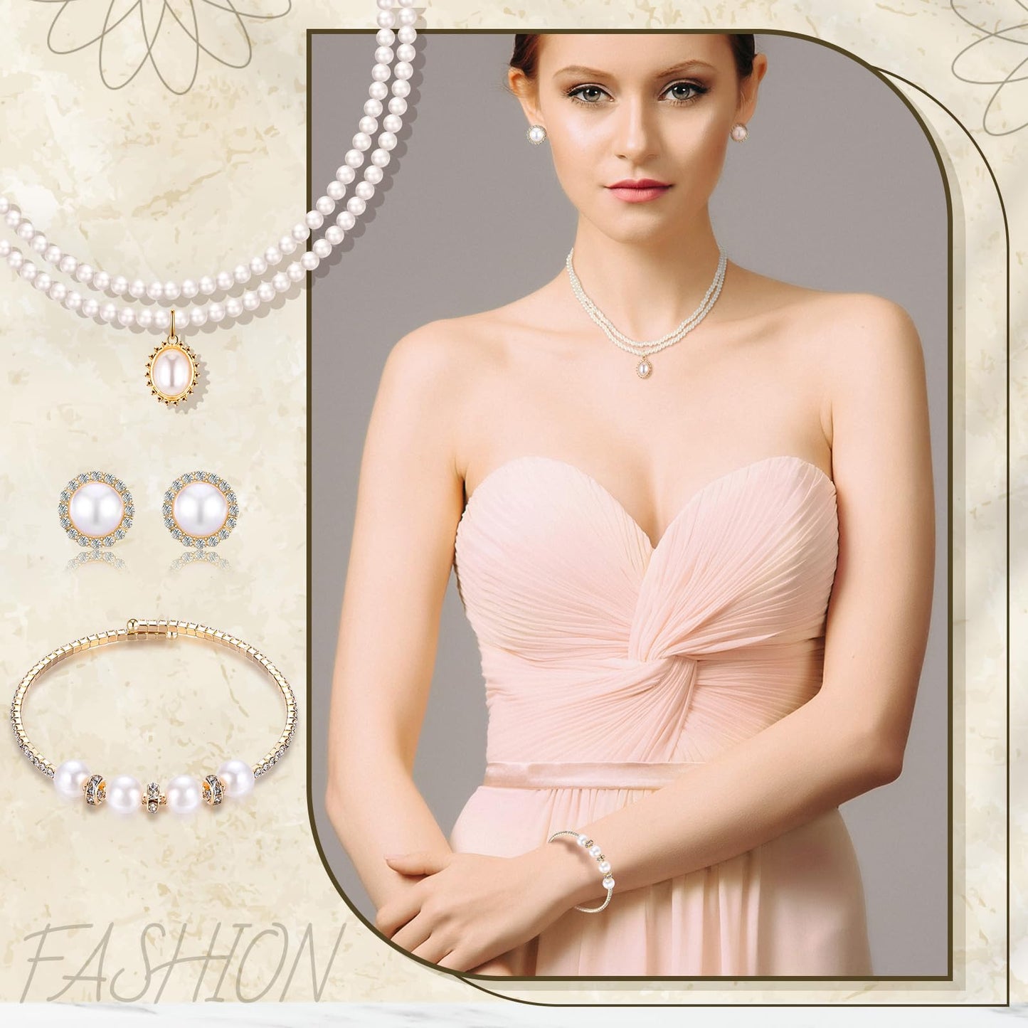 Glenmal Pearl Rhinestone Jewelry Set for Women Pearl Necklace Bracelet Earrings for Wedding Birthday Bridal Shower Tea Party(Delicate Style)