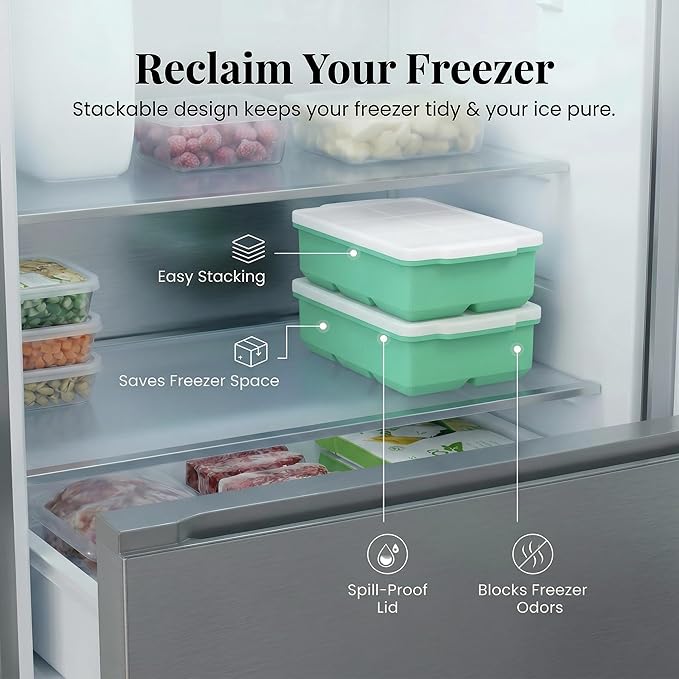 KitchFort Large Silicone Ice Cube Tray (3-Pack), Easy Release 2" Big Ice Cubes - Cocktail, Whiskey Ice Cubes Mold - Ice Trays for Freezer with Lid - Stackable Silicone Ice Tray - Green