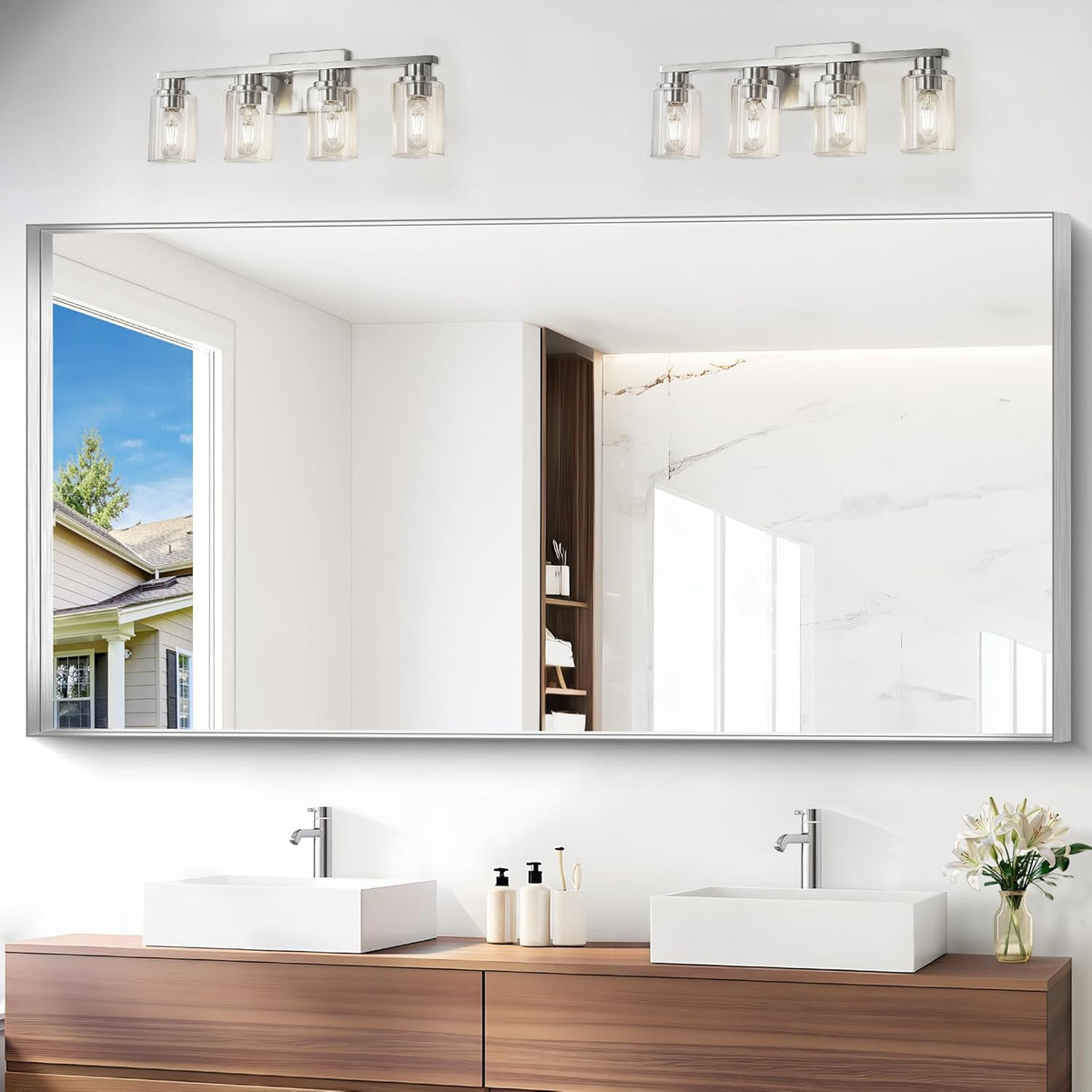Silver Bathroom Mirror, 72x36 Inch Rectangular Framed Mirror, Large Wall Mounted Bathroom Vanity Mirror Over Sink for Bedroom,Restroom, Living Room, Hangs Vertically or Horizontally