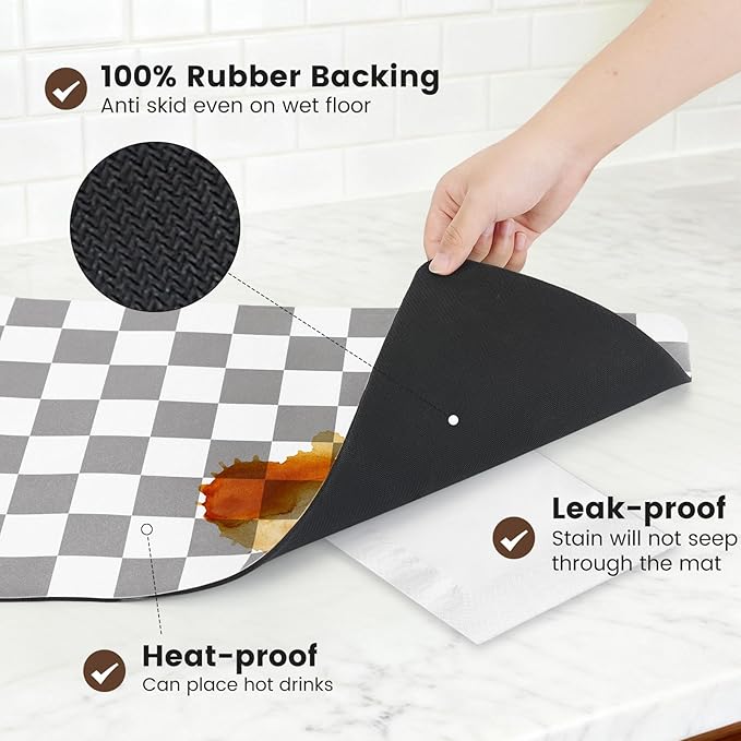 16" x 24" Checkered Dish Drying Mat for Kitchen Counter, Absorbent Coffee Bar Mat for Espresso Machine Coffee Countertops Accessories, Grey
