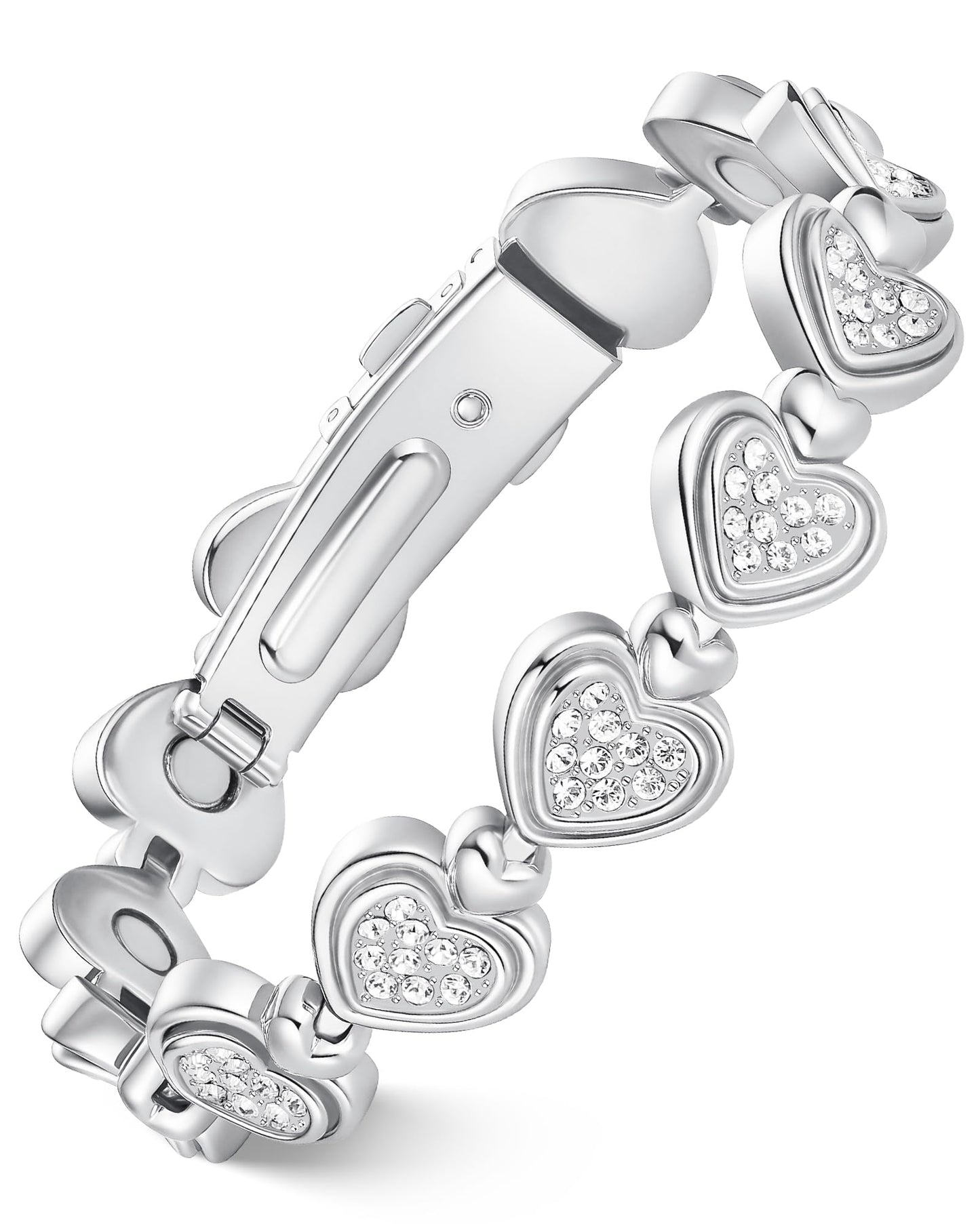 Feraco Pure Copper Bracelets for Women, Ultra Strength Magnetic Bracelet for Women with 3800 Gauss Magnet & Dazzling Austrian Crystals Stone, Heart-Shaped (Silver, 7.09 inches (18cm))