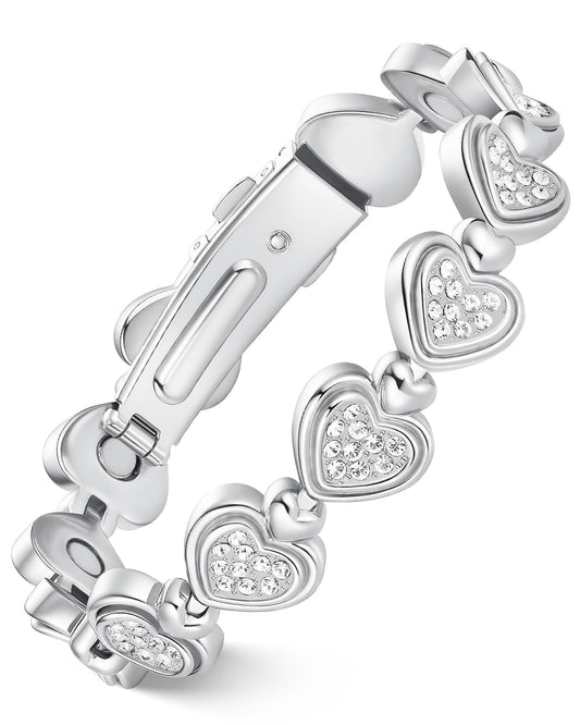 Feraco Pure Copper Bracelets for Women, Ultra Strength Magnetic Bracelet for Women with 3800 Gauss Magnet & Dazzling Austrian Crystals Stone, Heart-Shaped (Silver, 7.68 inches (19.5cm))