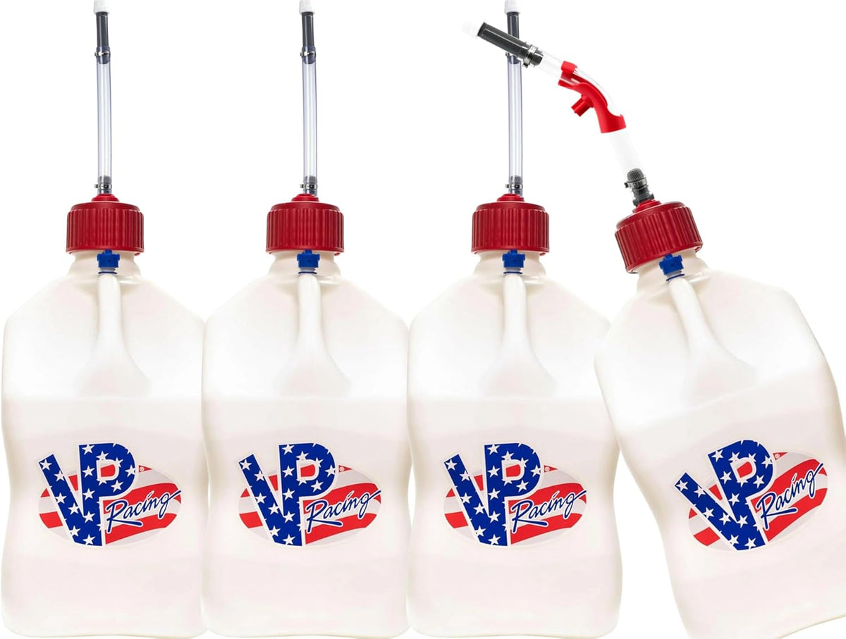 VP Racing Utility Container 5.5 Gallon - 4 Pack With 4 Deluxe Hoses and a Get Bent Hose Bender (Patriot, 4 Pack)