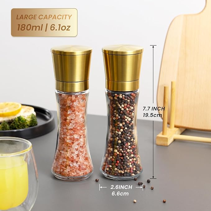 VEVOK CHEF Gold Salt and Pepper Grinder Mill Set Stainless Steel Pepper Shaker Adjustable Ceramic Coarseness Salt Grinder Black Pepper Spice Grinder Mill