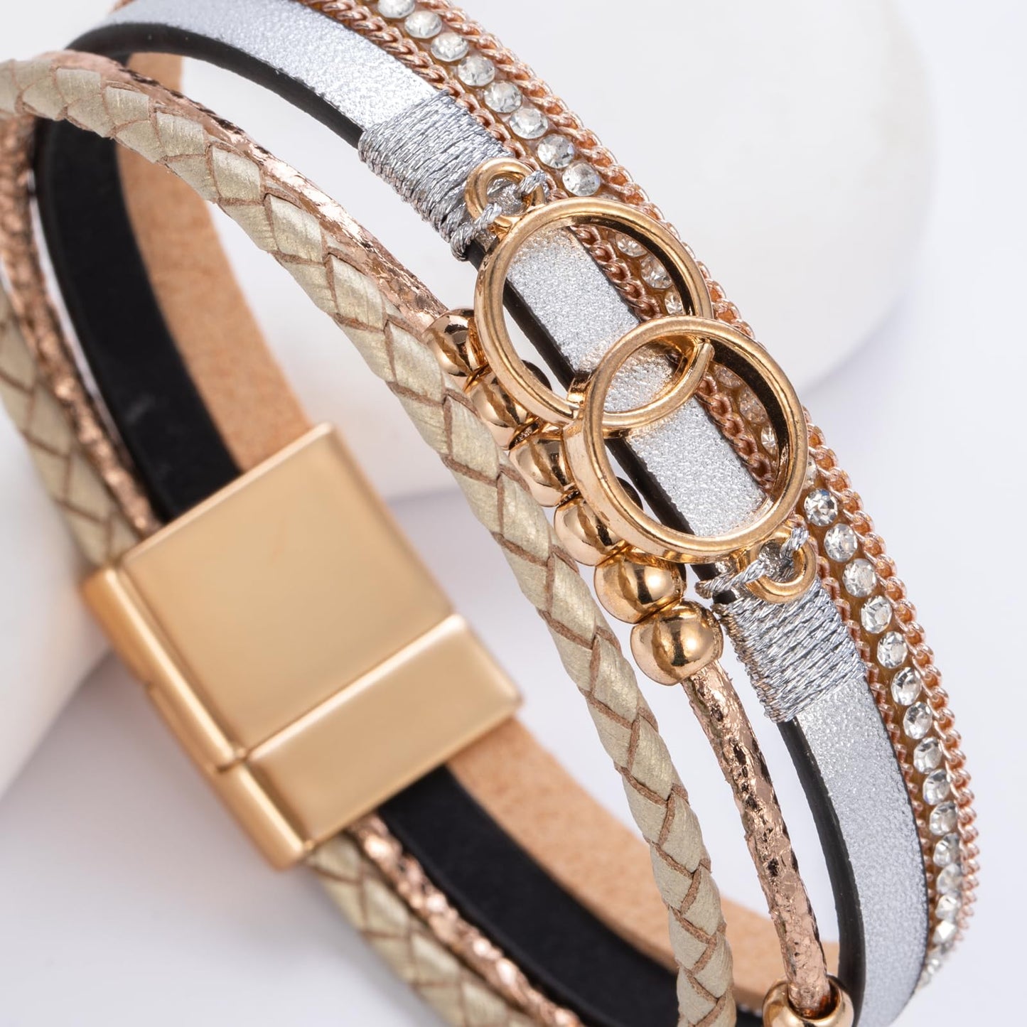FANCY SHINY Boho Leather Wrap Bracelet Stackable Beaded Infinity Chunky Cuff Bracelets with Magnetic Clasp Western Hippie Outfits Jewelry Gifts for Women(Silver/Gold)