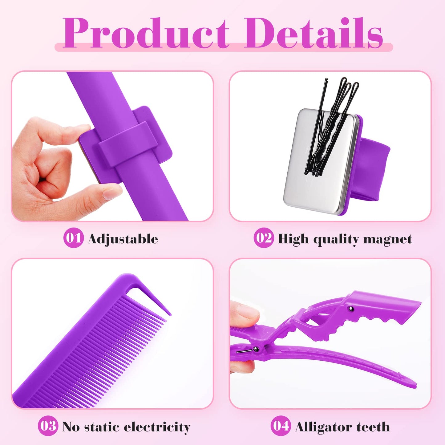 7 Pieces Hair Braiding Tools Magnetic Pin Wristband and 2 Pieces Stainless Steel Pintail Rat Tail Comb with 4 Wide Teeth Alligator Sectioning Hair Clip for Braid Tool Braid Maker(Purple)
