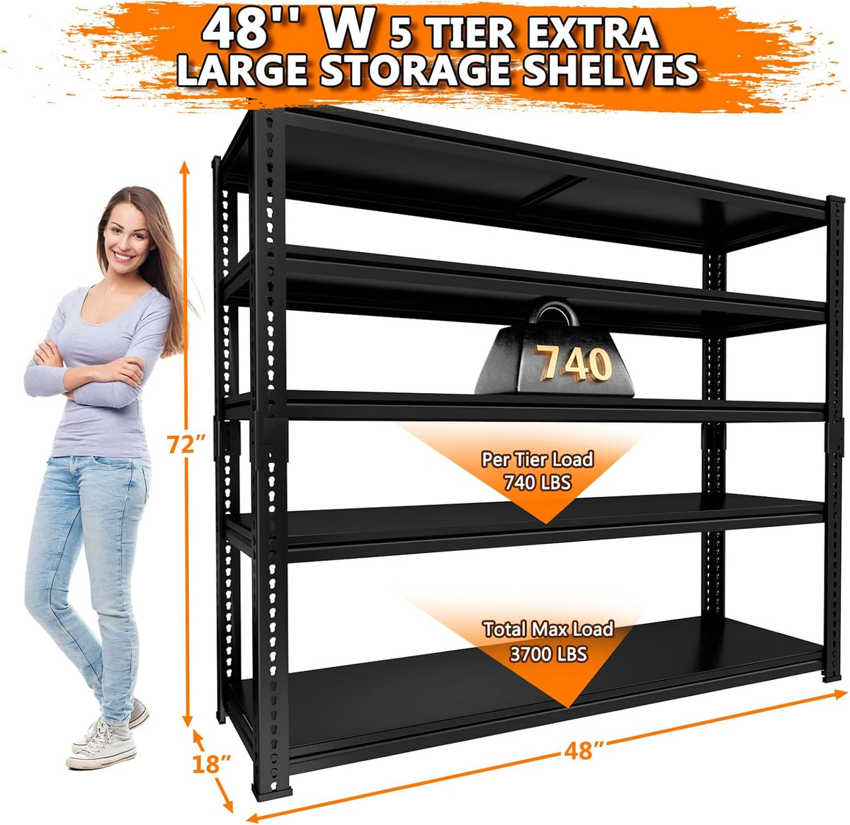 Storage Shelves Heavy Duty 3 PCS, 48"L x 18"W x 72"H Garage Storage Shelves Unit Loads 3700LBS, 5-tier Adjustable Metal Industrial Utility Shelf Rack for Kitchen, Laundry Room, Warehouse, Basement