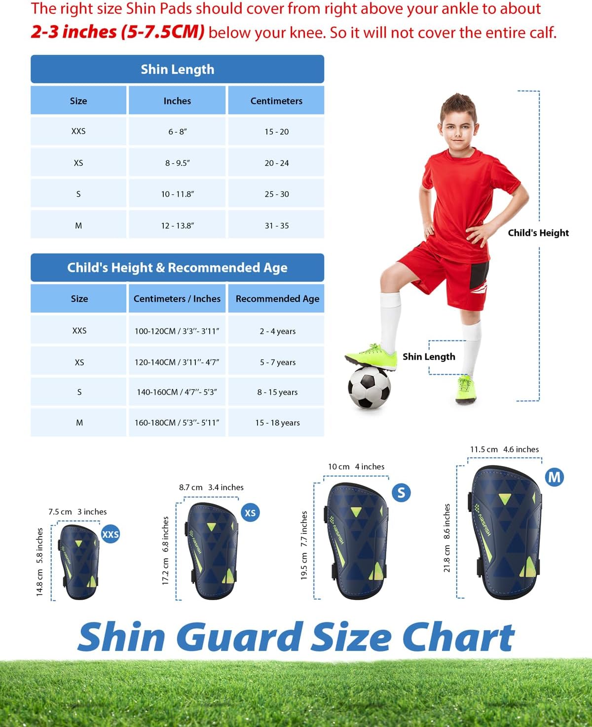 Shin Guards Soccer Kids Youth, CE Certified Airsfish Shin Guard Protection Gear for 2-18 Years Old Boys Girls Teenagers High Impact Resistant Breathable Comfortable 1 Pair 4 Sizes