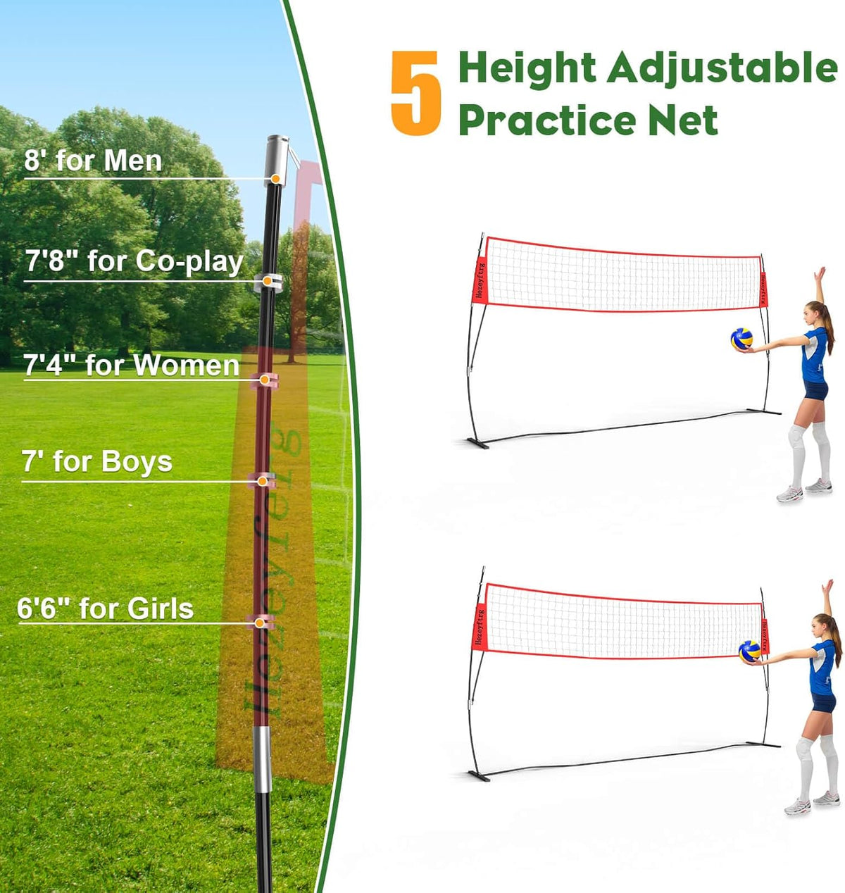 20FT/12FT Freestanding Volleyball Training Net, 5 Height Adjustable Portable Volleyball Net System, Quick Setup Practice Set for Indoor or Outdoor Use