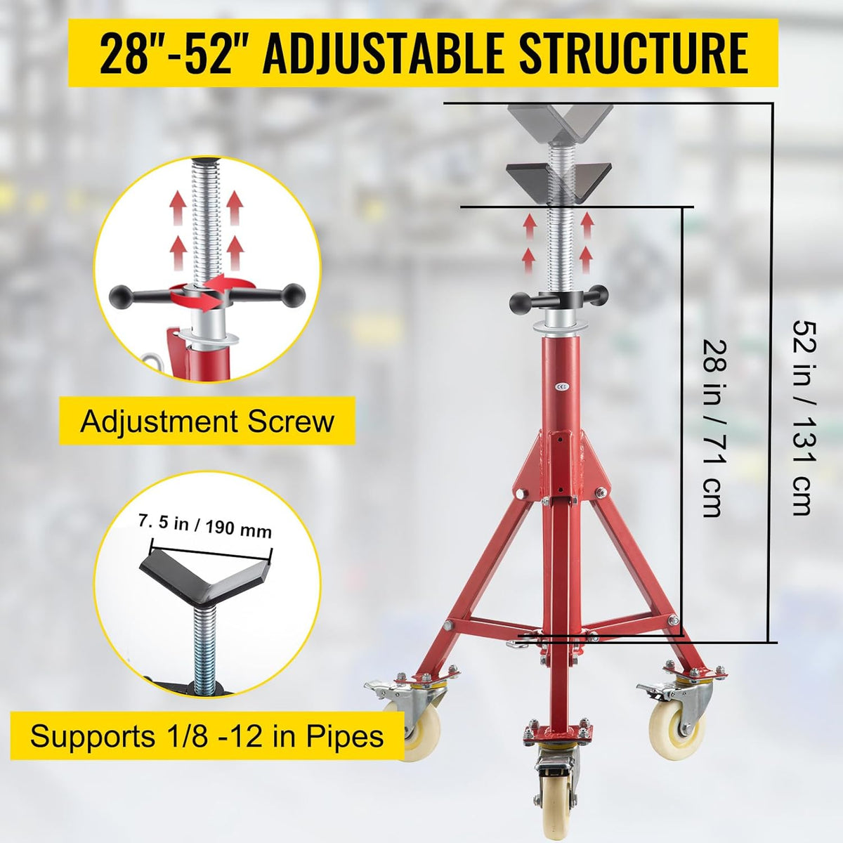 VEVOR Pipe Stand, Pipe Jack Stands with Casters Adjustable Height 28-52 Inch, V Head Pipe Stand 882 LB, Folding Portable Pipe Stands 1/8 to 12 Inch Pipe Supporting, Steel Jack Stand