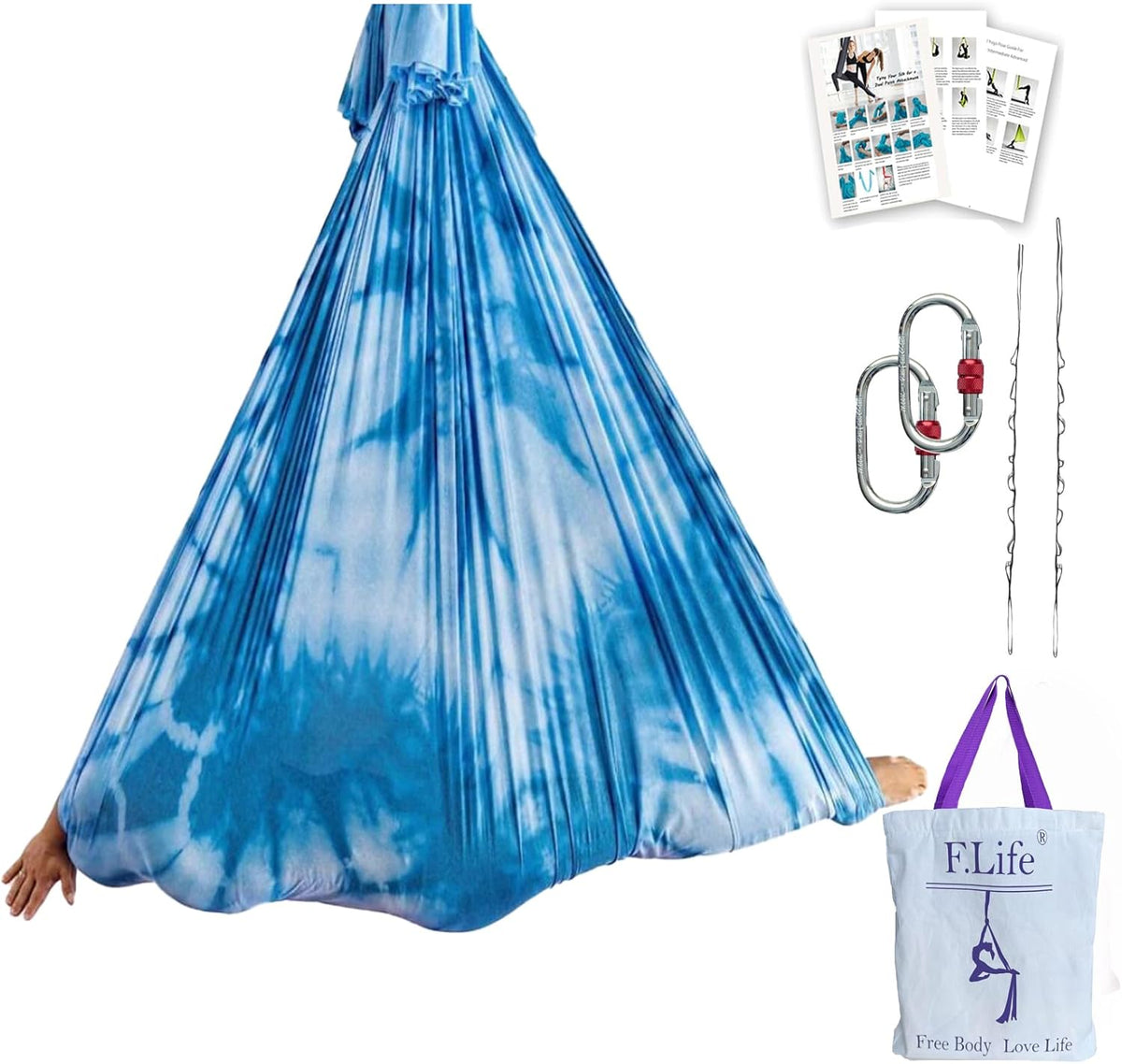F.Life Aerial Yoga Hammock kit- Yoga Swing Multicolor 5 yards-Flying Yoga Include Daisy Chain,Carabiner and Pose Guide