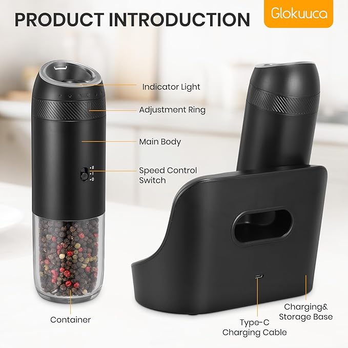 Rechargeable Gravity Electric Salt Grinder Set with Variable Grinding Speed, External Adjustable Coarseness, External Adjustable Coarseness, Charging Base and White LED Light,Black
