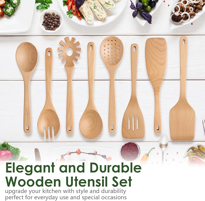 HOWHONG Wooden Spoons for Cooking, Beech Wood Kitchen Utensil Set, Premium Handmade Wooden Cooking Utensils for Nonstick Cookware, Heat Resistant, Smooth Finish, Comfortable Grip, 8 Piece
