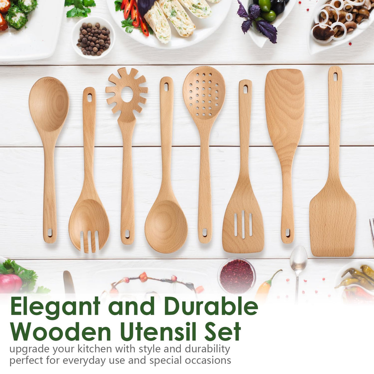 Wooden Spoons for Cooking, 8 Pcs Beech Wood Wooden Kitchen Cooking Spoon Utensil Tools Set Includes Spatula Skimmer Pasta Scoop Non-Stick Cookware Safe by HOWHONG