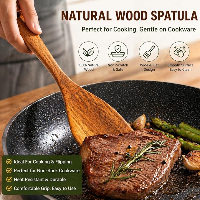 Wooden Spatulas, 2 PCs Natural Acacia Wooden Cooking Utensils Set for Non-stick Pan Kitchen Tool, flipping and Wok Spatula, Wooden Spoons & Spurtle for Cooking