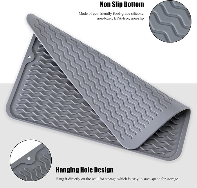 Silicone Dish Drying Mat, Non-Slip Easy Clean Sink Mat Large Heat-resistant Dish Drainer Mat for Kitchen Counter, Sink, Refrigerator or Drawer liner (12" x 12", GREY)