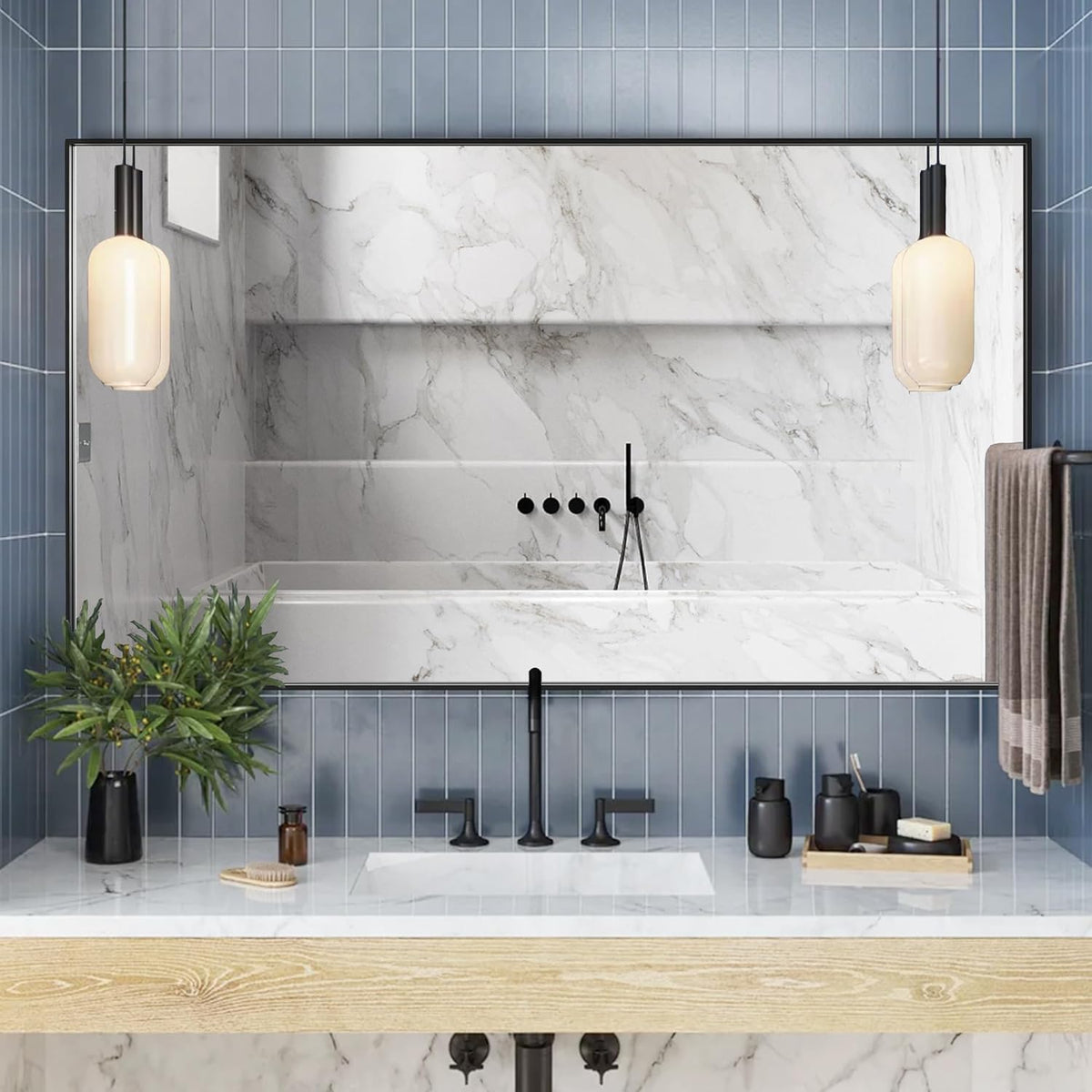 55x36 Inch Black Bathroom Mirror for Wall, Aluminum Frame Rectangle Rectangular Vanity Mirror, Modern Large for Bedroom, Living Room, Horizontal or Vertical