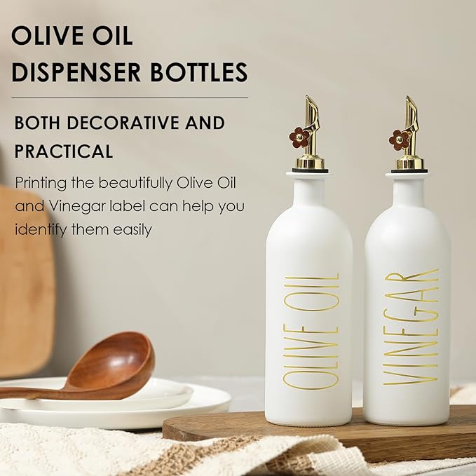 HOMCDALY 16oz Olive Oil Dispenser Bottles for Kitchen, Gold Oil&Vinegar Dispenser Set, Glass Oil Dispenser for Kitchen with Bamboo Tray | Set of 2 (16oz-P-Gold)
