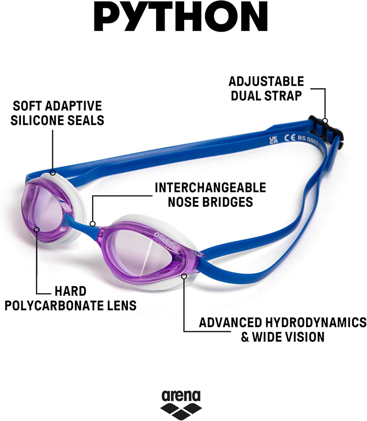 ARENA Unisex Python Racing Swim Goggles for Men and Women Anti-Fog No Leak Max Comfort Dual Strap, Mirror/Non-Mirror Lens